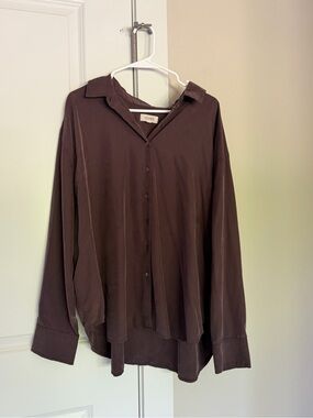 Drop Shoulder Brown Button-Down Shirt
